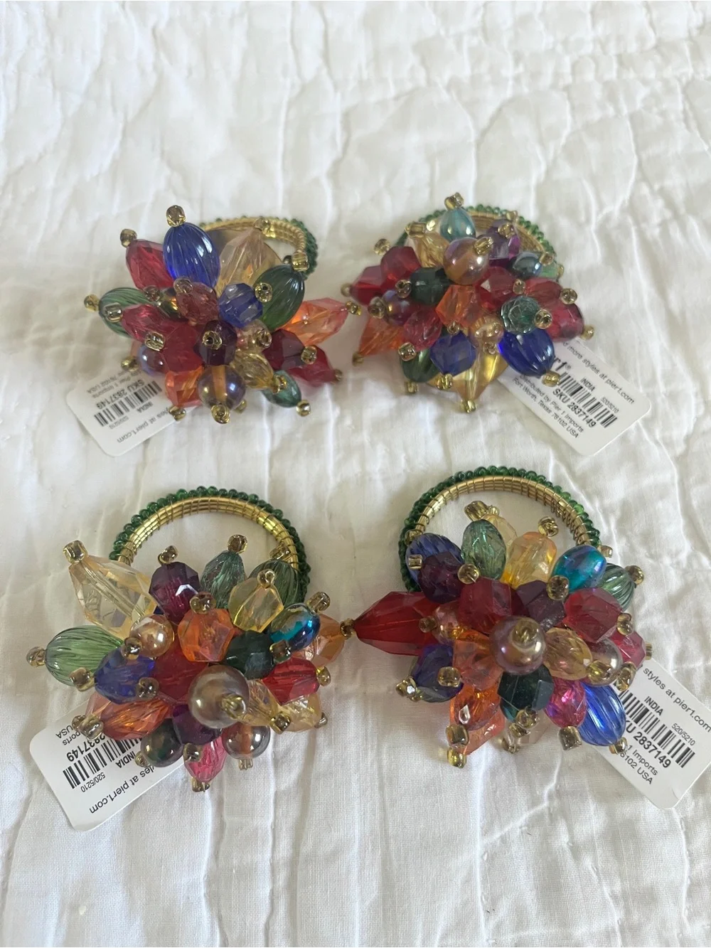 x4 NWT Pier 1 Beaded Cluster Napkin Holders Jewel Tones Colorful Glam Boho-Chic